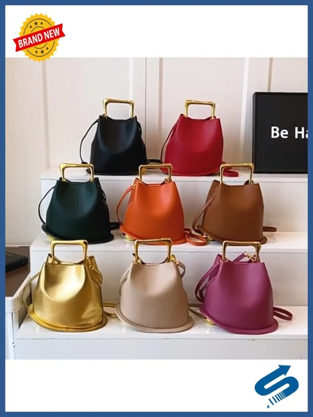 Faux Leather Bucket Bag Crossbody Purse Gold Metal Handle
